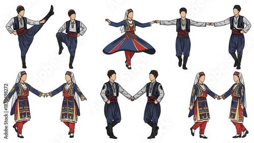 Celebrate culture with this lively folk dance illustration featuring dynamic poses and traditional attire, perfect for heritage projects and cultural events