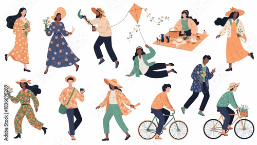 Enjoying carefree days in the sun with friends, picnicking, biking, flying kites, and strolling with flowers in hand, feeling the joy of summer