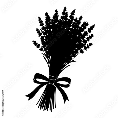 Elegant silhouette of a Lavender bouquet with a tied ribbon, single color