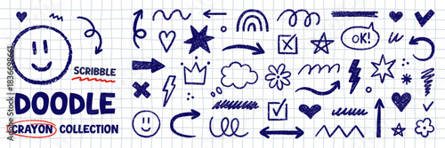 Crayon kids scribble elements, chalk blue pen brush shapes doodle set. Pencil underlines, check marks, arrows, stars and hearts in sketch style. Hand drawn vector illustration on white checkered noteb