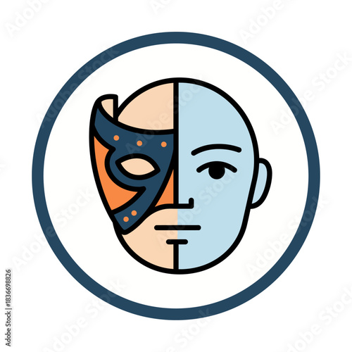 Half face mask on a character split between colors of duality evoking themes of identity and transformation useful for theater or disguise.