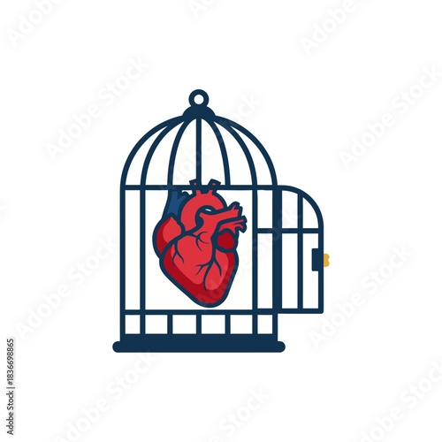 Heart in cage with open door representing breaking free from emotional confinement and resilience in overcoming adversity freedom hope and recovery