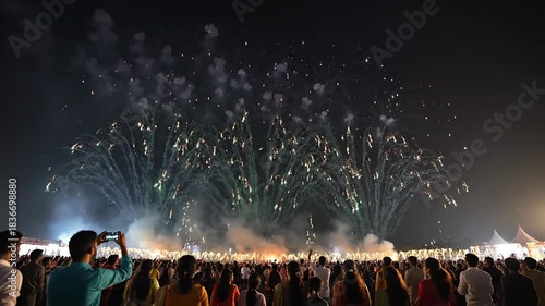 Stunning Fireworks Display at Night with Crowd of People Watching and Celebrating a Special Event or Occasion