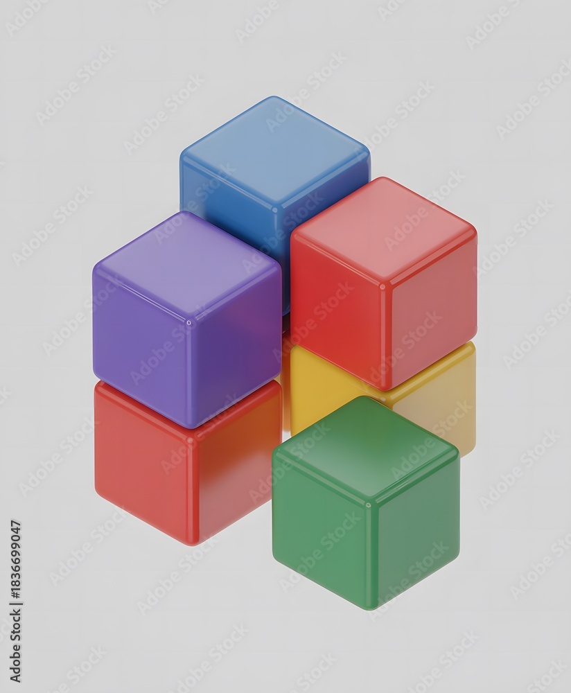 Fototapeta premium Colorful 3D Cubes Arrangement Featuring Red, Green, Blue, and Purple Blocks in Modern Geometric Abstract Design 