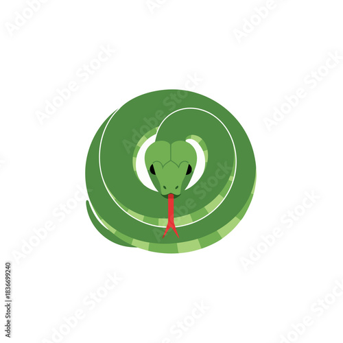 Green Snake Curled in a Circle Displaying Red Tongue Against Black Background Simple Vector Illustration