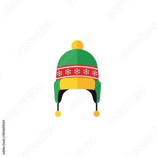 Green Winter Hat With Yellow Pom Pom Red Snowflake Band and Ear Flaps Isolated On Black Background Flat Design Christmas Holiday Accessory