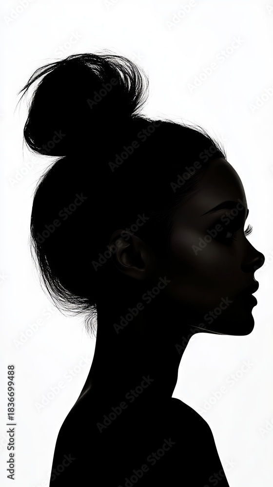 Fototapeta premium Woman's dark silhouette shows a side profile against a bright white background, focusing on her hair, eyelashes, and facial features.