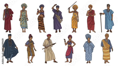 Diverse collection of people in traditional African clothing showcasing cultural heritage and elegance in colorful designs for educational illustrations