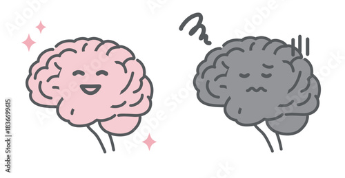 健康な脳と不調な脳の比較イラスト（キャラクター・メンタルヘルス）