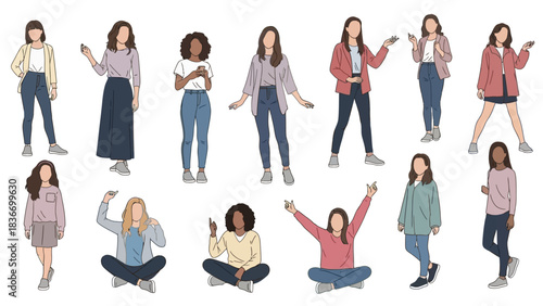Collection of diverse modern women standing and sitting showcasing various casual and professional poses for presentations
