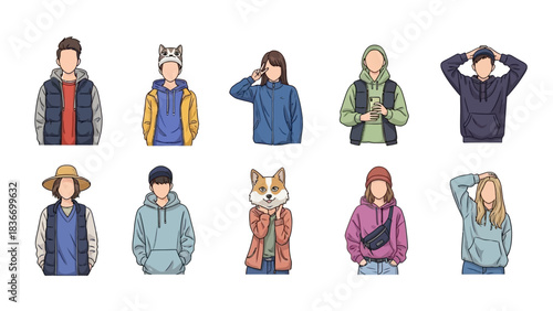 Diverse group of young people in trendy casual outfits expressing individuality and youthful spirit, perfect for Gen Z marketing and fashion campaigns