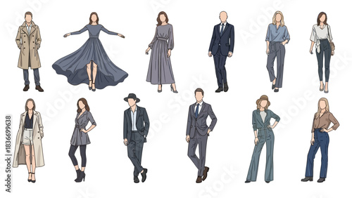 Stylish collection of diverse fashion outfits for men and women showcasing modern trends and elegant silhouettes, perfect for fashion design and style inspiration