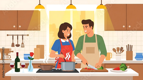 Young Couple Enjoying Cooking Preparing Dinner Together in Modern Kitchen