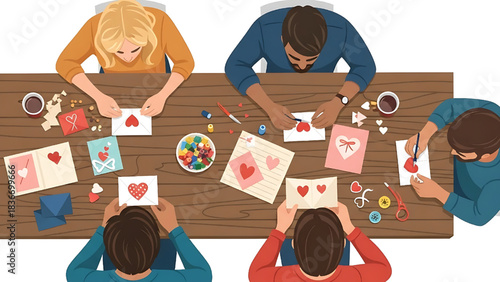Happy family and friends making handmade heart cards for Valentine's Day craft activity