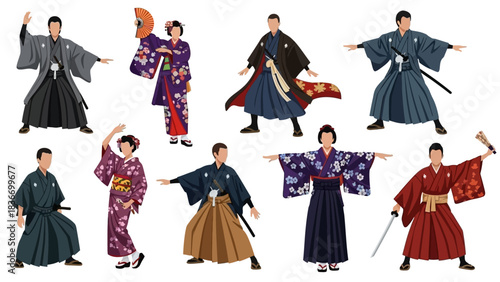Dynamic collection of Japanese samurai warriors and elegant women in traditional kimono and hakama poses