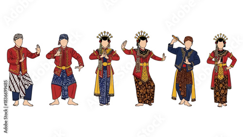 Stunning collection of traditional Javanese dancers showcasing vibrant Indonesian cultural performance poses and costumes