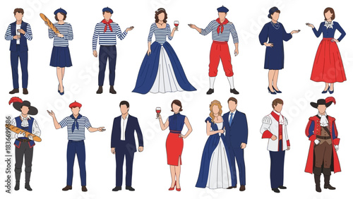 Stunning collection of French cultural figures showcasing traditional and modern attire perfect for travel promotion