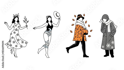 Charming line art celebrates the vibrant transition through all four seasons from spring bloom to winter chill