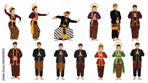 Stunning collection of Javanese traditional dancers and figures showcasing vibrant cultural costumes and elegant welcoming poses