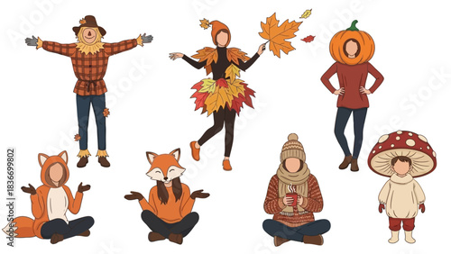 Charming collection of people embracing cozy autumn spirit with fun fall costumes and seasonal activities