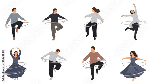 Dynamic collection of diverse people gracefully spinning hula hoops showing fun fitness and joyful movement