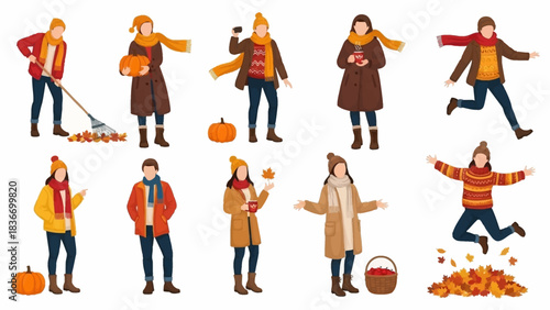 Vibrant collection of diverse people enjoying cozy autumn activities like raking leaves, holding pumpkins, and drinking warm beverages