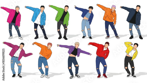 Dynamic Kpop boy band choreography poses featuring vibrant streetwear and energetic dance moves isolated on white