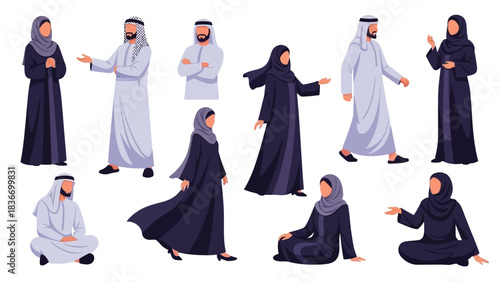 Diverse group of Arab men and women in traditional dress demonstrating various modern poses for cultural projects