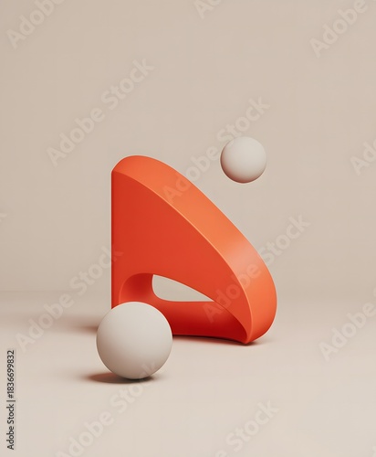 Minimal Geometric Composition Featuring Floating Spheres, Soft Pastel Shapes, and Clean Modern Abstract Design on Coral Background
