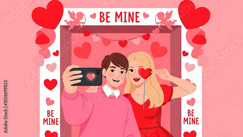 Happy couple taking a romantic Valentine selfie in a festive frame adorned with hearts and 'Be Mine'