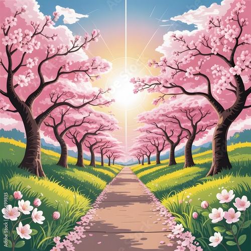 Vibrant Blueberry Farm Landscape Illustration Featuring Lush Fields, Majestic Mountains, Sunrise Sky, and Colorful Nature Scene
