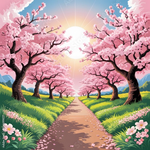 Vibrant Blueberry Farm Landscape Illustration Featuring Lush Fields, Majestic Mountains, Sunrise Sky, and Colorful Nature Scene
