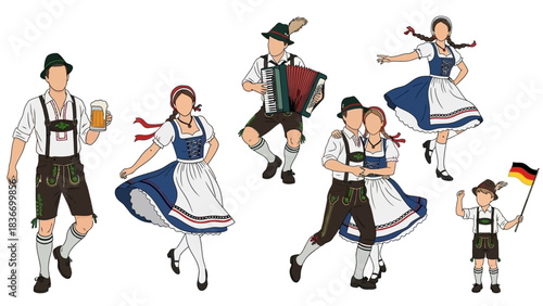 Celebrate Oktoberfest joyfully with vibrant Bavarian couples dancing and enjoying traditional beer and music