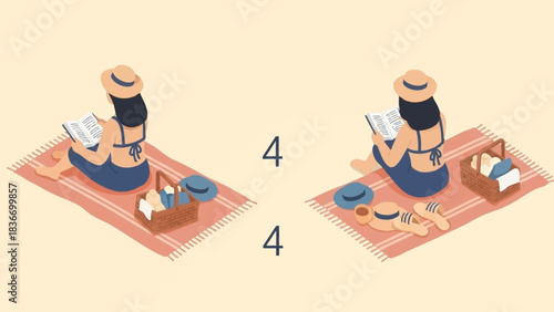 Relaxing summer day activity finding four differences between two peaceful women reading outdoors