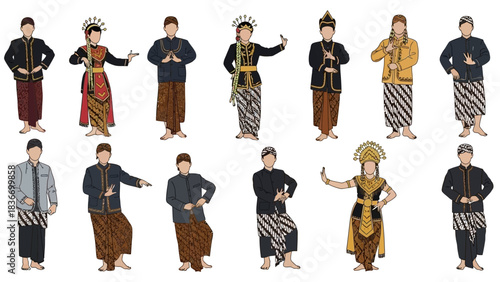 Stunning collection of Javanese traditional dancers and men in elegant Batik attire posing gracefully