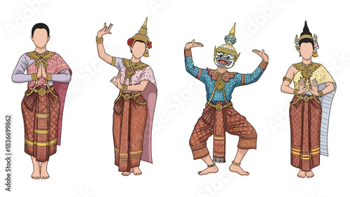 Stunning collection of traditional Thai dancers and Khon demon character in vibrant cultural costumes