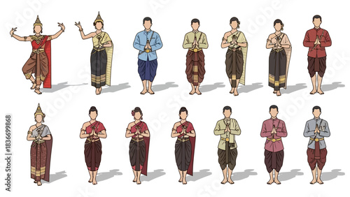 Stunning collection of Thai people demonstrating traditional dress and respectful Wai greeting gestures for cultural exchange