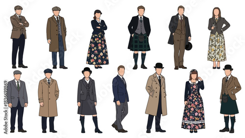 Stunning collection of period costume characters showcasing elegant early 20th century British and Scottish fashion styles