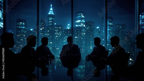 Silhouetted figures of powerful men making clandestine deals in a dark boardroom at night