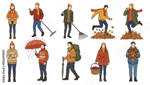 Vibrant collection of people enjoying classic autumn activities like raking leaves, hiking, and harvesting seasonal produce