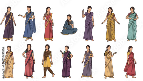 Diverse collection of Indian women demonstrating various beautiful saree draping styles and poses for cultural representation