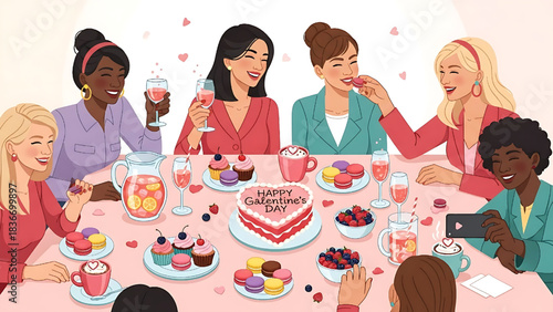 Happy Galentines Day Celebration Women Friends Enjoying Dessert Party