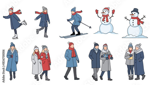 Charming collection of people enjoying winter activities like skating skiing and embracing the snowy season merrily