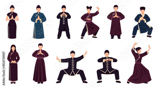Stunning collection of diverse people practicing elegant Tai Chi and Kung Fu poses in traditional attire