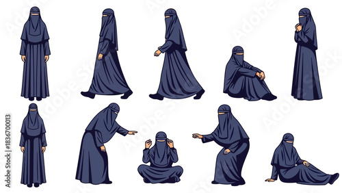 Collection of Muslim woman figures wearing niqab and abaya in various dynamic poses for cultural representation