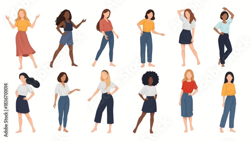 Stunning collection of diverse women figures posing confidently in casual, modern attire celebrating femininity and empowerment