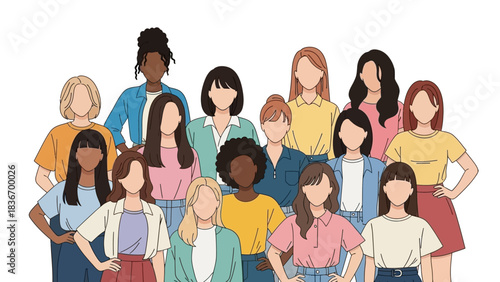 Diverse group of confident women standing together showcasing unity and modern female empowerment in a vibrant collective