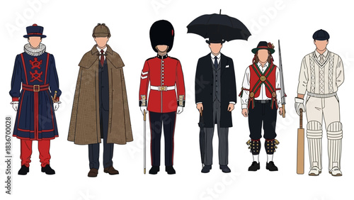 Iconic British characters lineup featuring Yeoman Warder Sherlock Holmes Guard Morris dancer and Cricketer