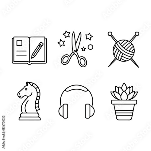 hobby icons book with pencil scissors with stars knitting chess headphones and succulent visually portraying leisure activities.