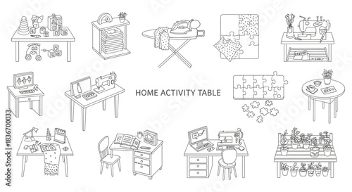 home activity table diverse hobbies crafts work  play setup from sewing to gardening to computing in organized areas for lifestyle concepts